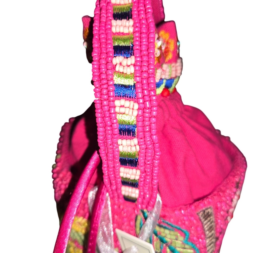 Handcrafted in India Beaded Parrot Sloth Bucket Bag Small Pink New Tropical Boho - Picture 4 of 10